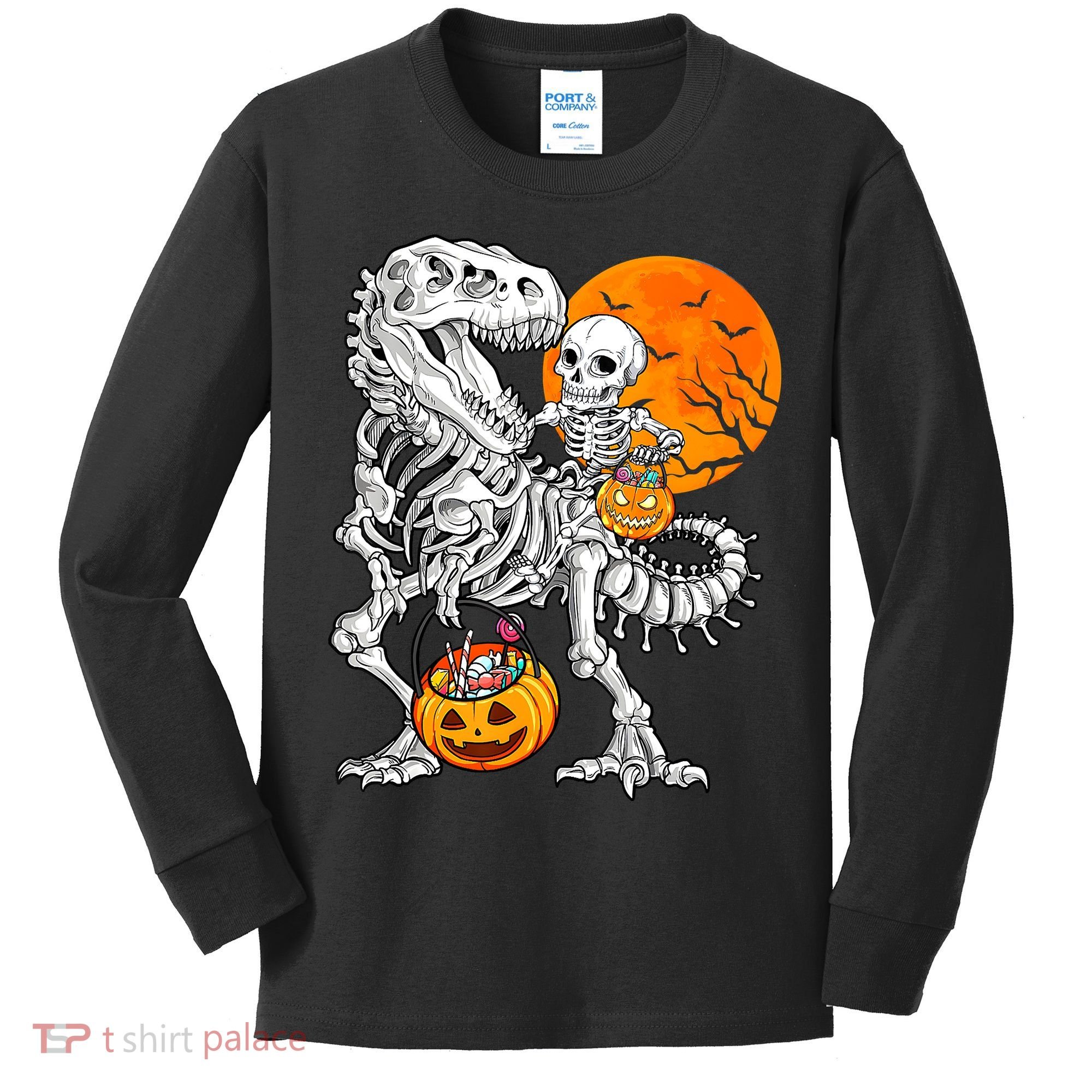 Skeleton Dinosaur T Rex Boys Halloween Mummy Funny Pumpkin Kids Long Sleeve Shirt