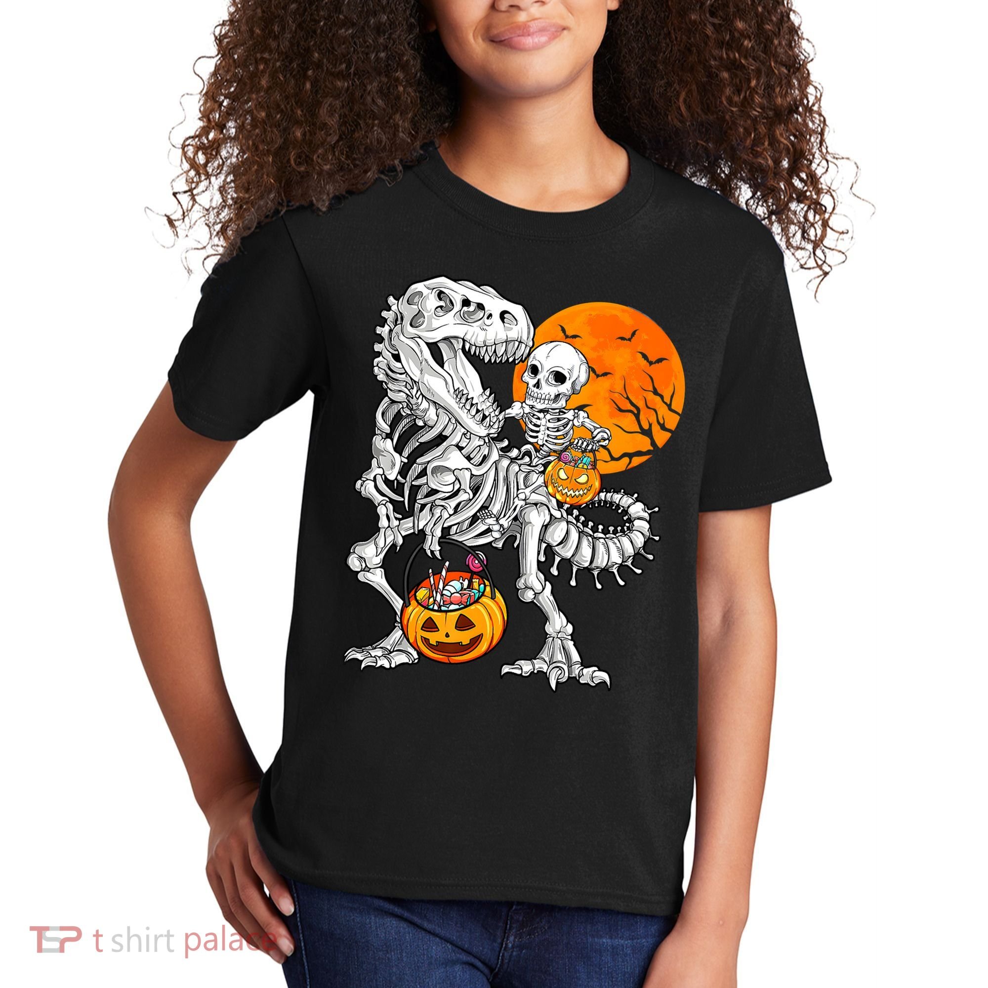 Skeleton Dinosaur T Rex Boys Halloween Mummy Funny Pumpkin Kids T-Shirt