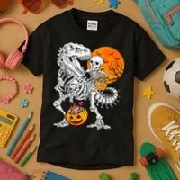 Skeleton Dinosaur T Rex Boys Halloween Mummy Funny Pumpkin Kids T-Shirt thumb 3