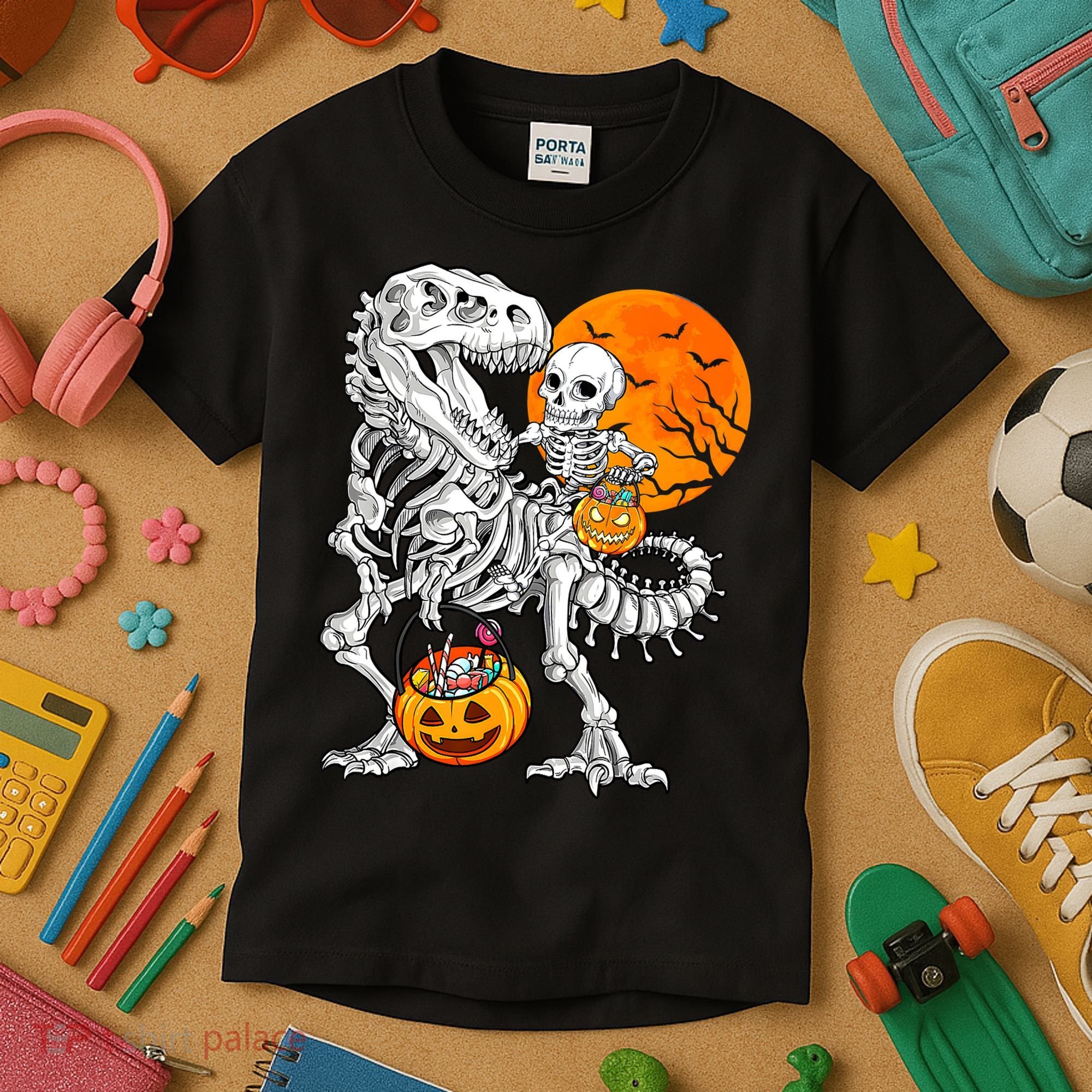 Skeleton Dinosaur T Rex Boys Halloween Mummy Funny Pumpkin Kids T-Shirt