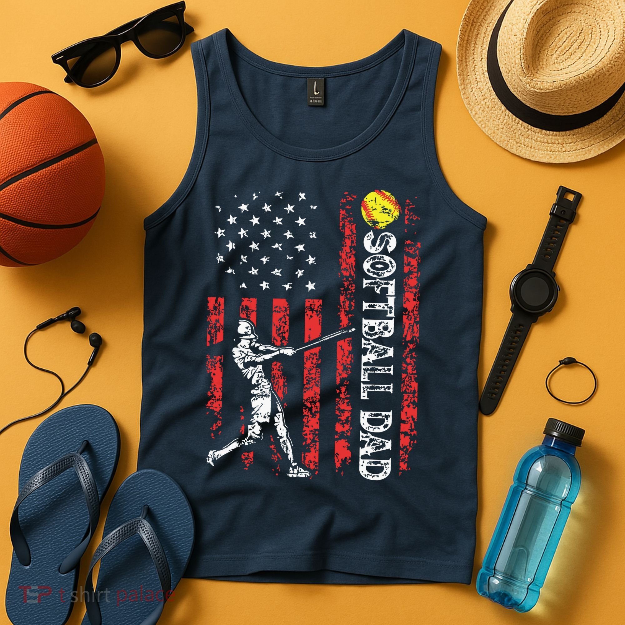 Softball Dad US Flag Gifts For Dad Men Patriotic Fathers Day Tank Top
