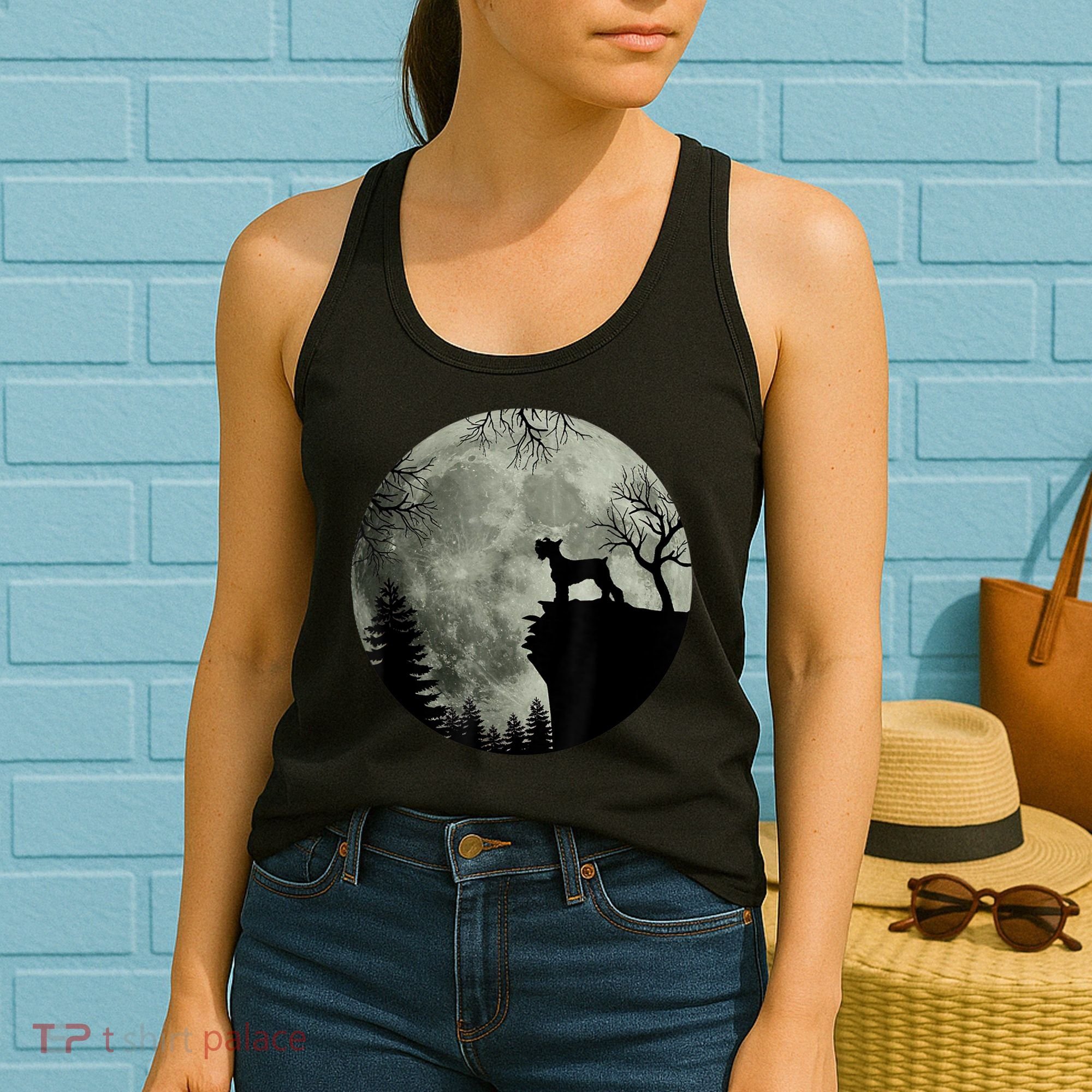 Schnauzer Dog Under Moon Halloween Costume Women's Tank Top