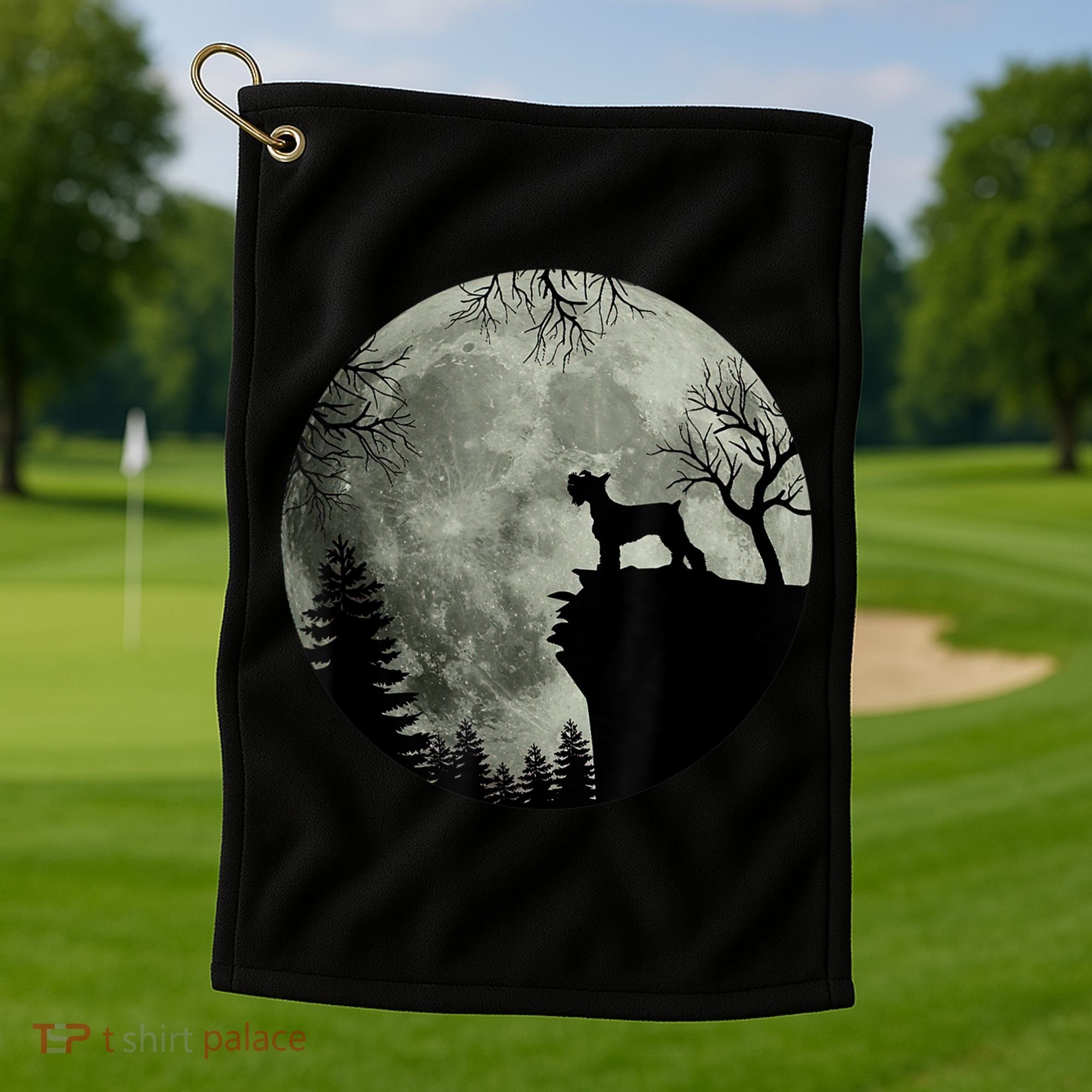Schnauzer Dog Under Moon Halloween Costume Golf Towel