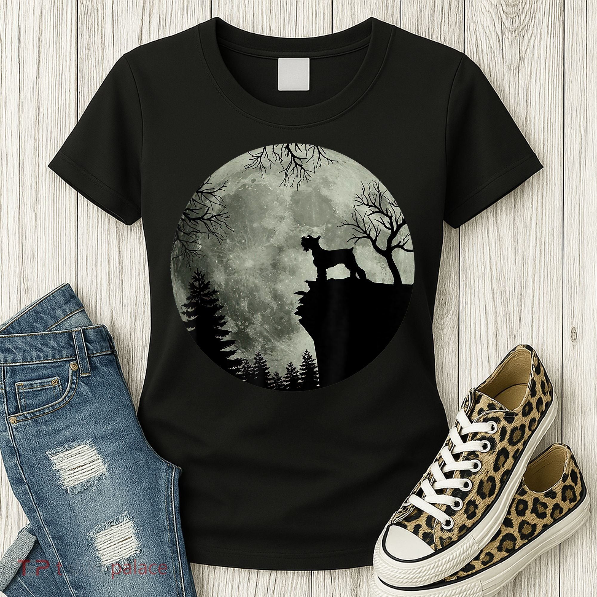 Schnauzer Dog Under Moon Halloween Costume Women's T-Shirt