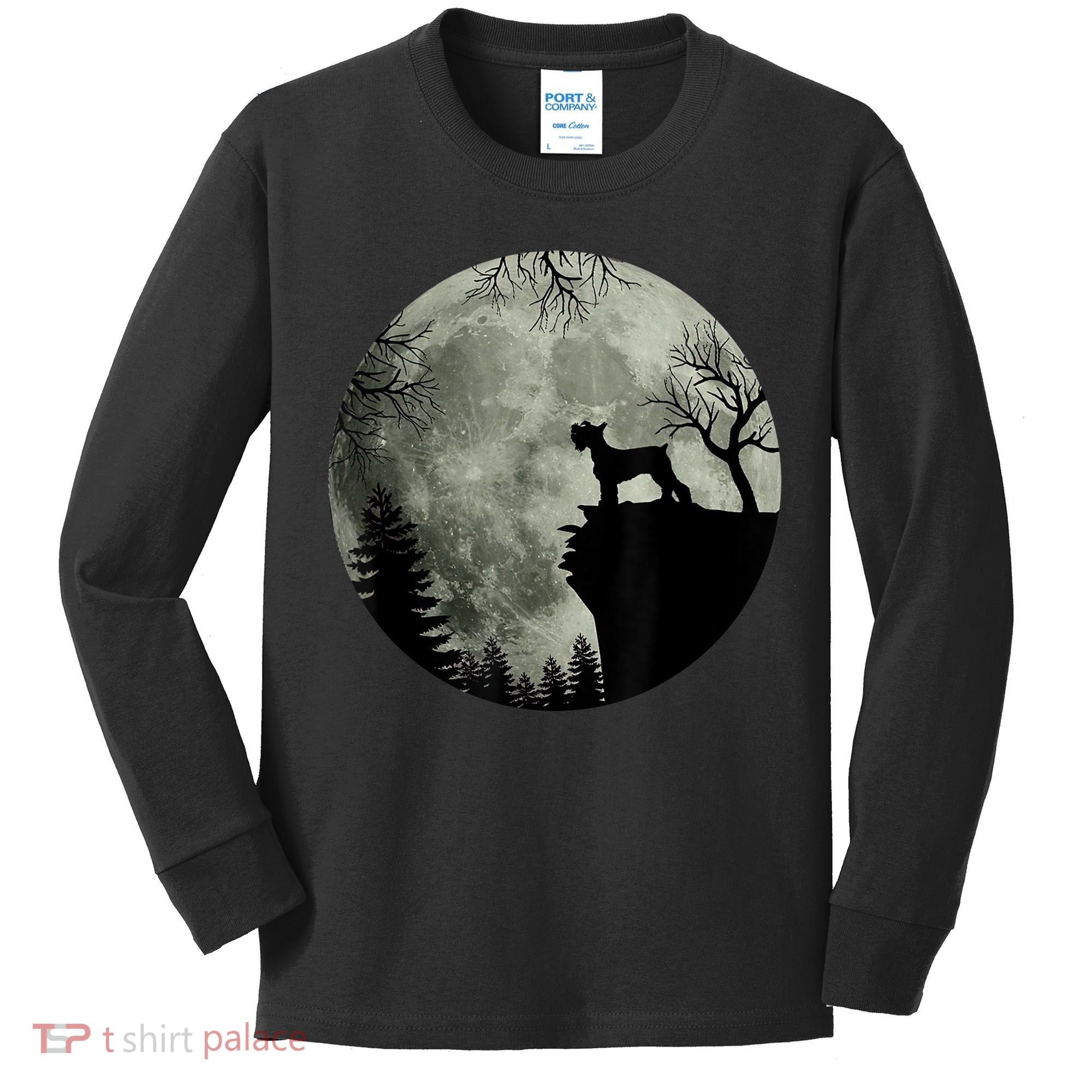 Schnauzer Dog Under Moon Halloween Costume Kids Long Sleeve Shirt