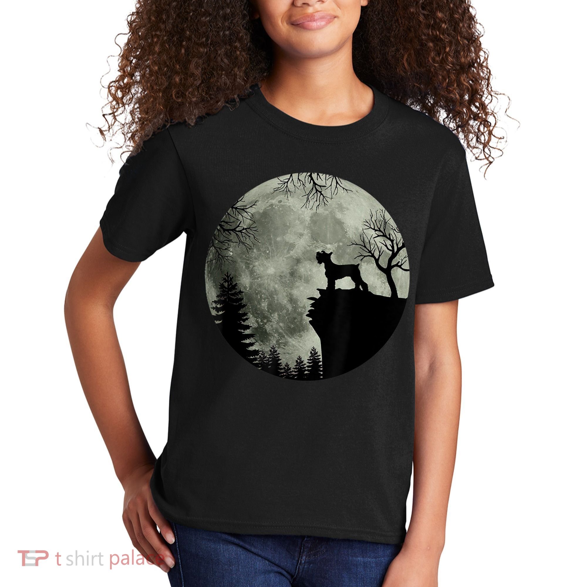 Schnauzer Dog Under Moon Halloween Costume Kids T-Shirt