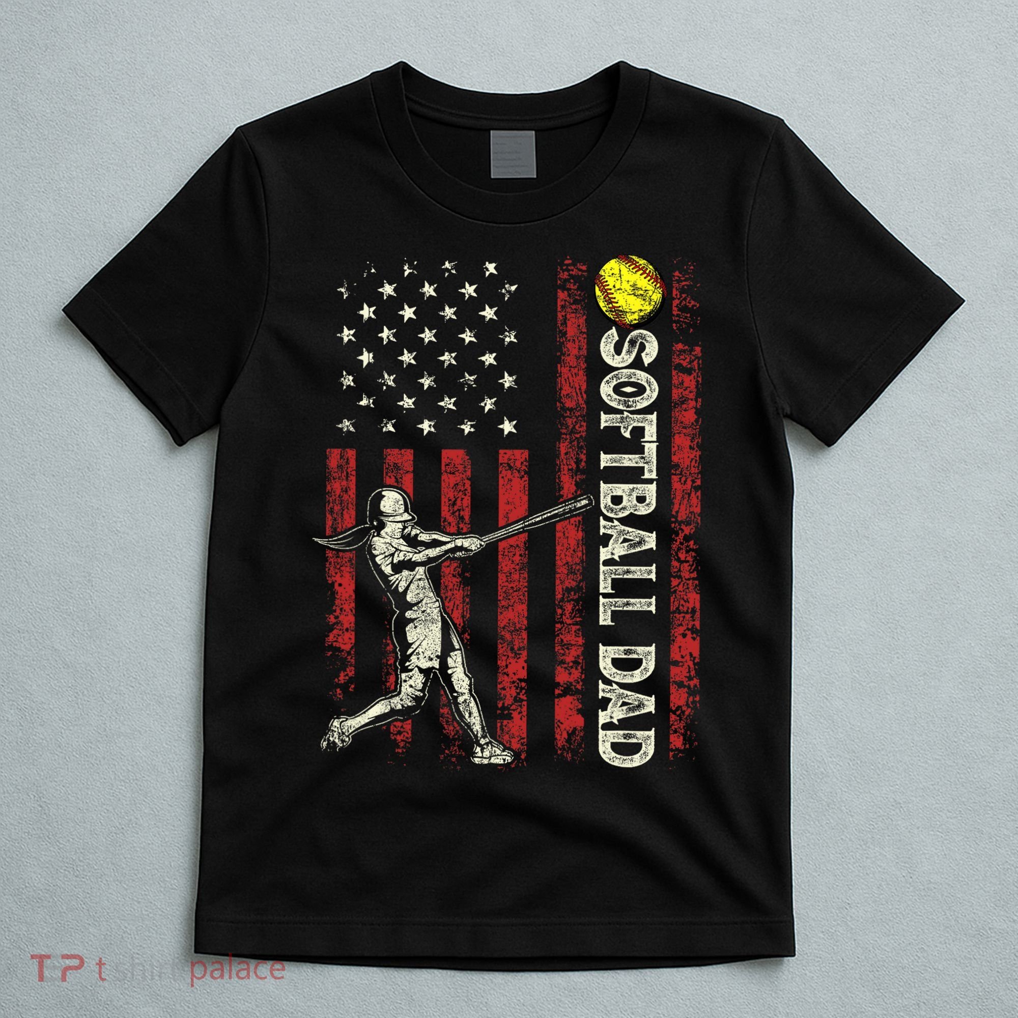 Softball Dad US Flag Gifts For Dad Men Patriotic Fathers Day T-Shirt