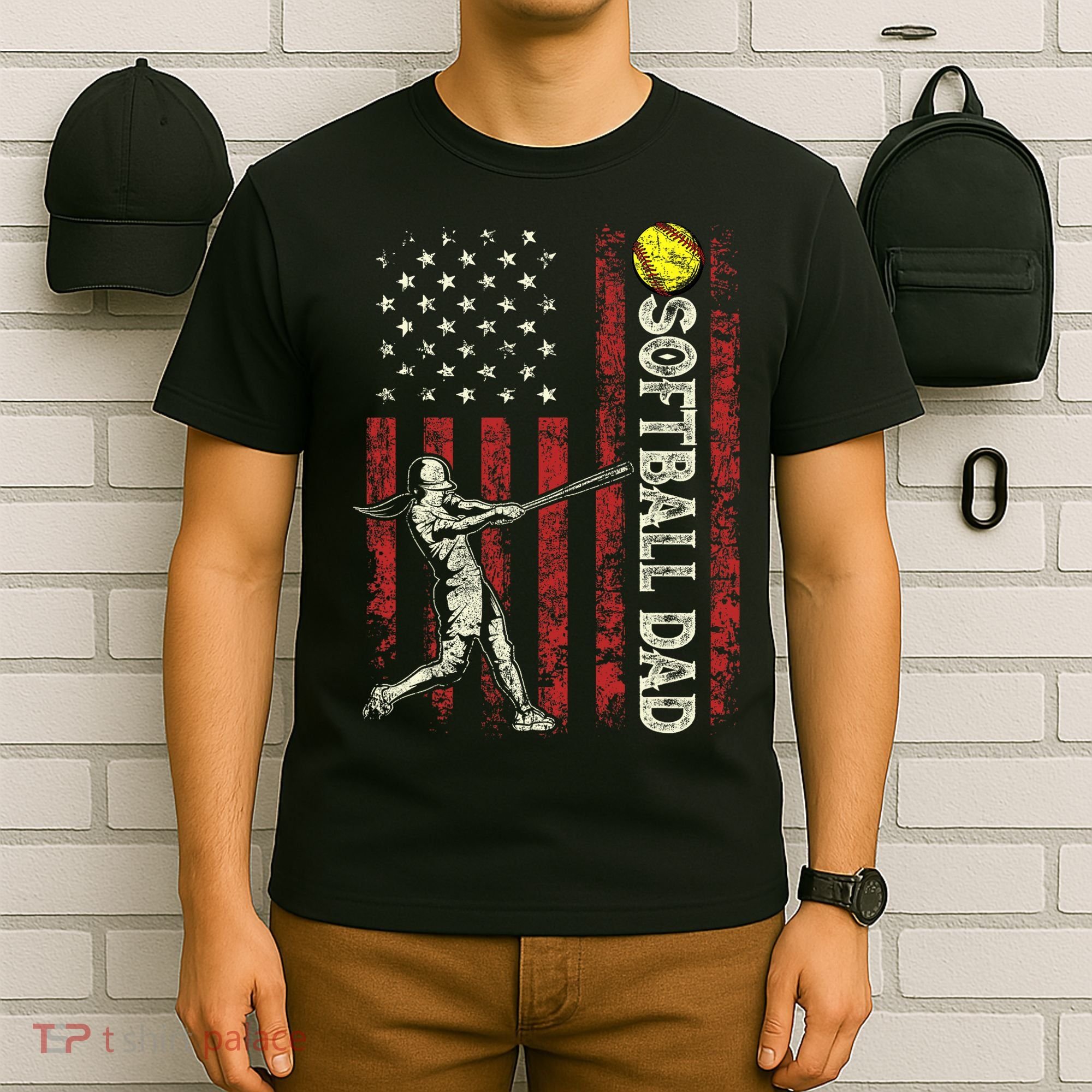Softball Dad US Flag Gifts For Dad Men Patriotic Fathers Day T-Shirt
