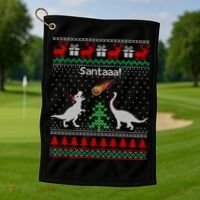 Santa Dinosaur Ugly Christmas Sweater Dinosaur Golf Towel thumb 1