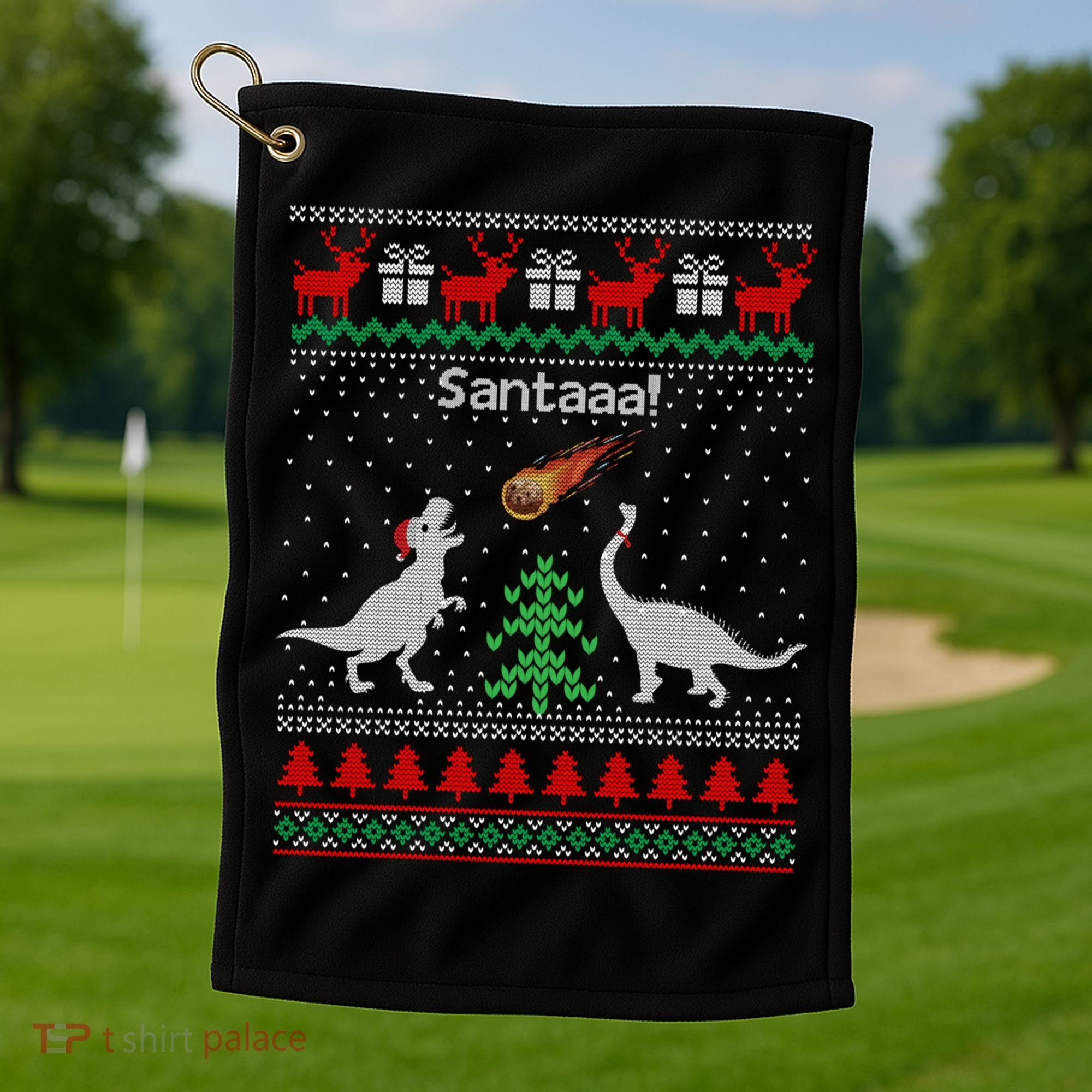 Santa Dinosaur Ugly Christmas Sweater Dinosaur Golf Towel