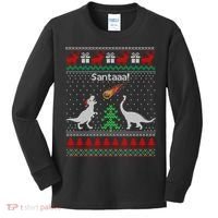 Santa Dinosaur Ugly Christmas Sweater Dinosaur Kids Long Sleeve Shirt thumb 0