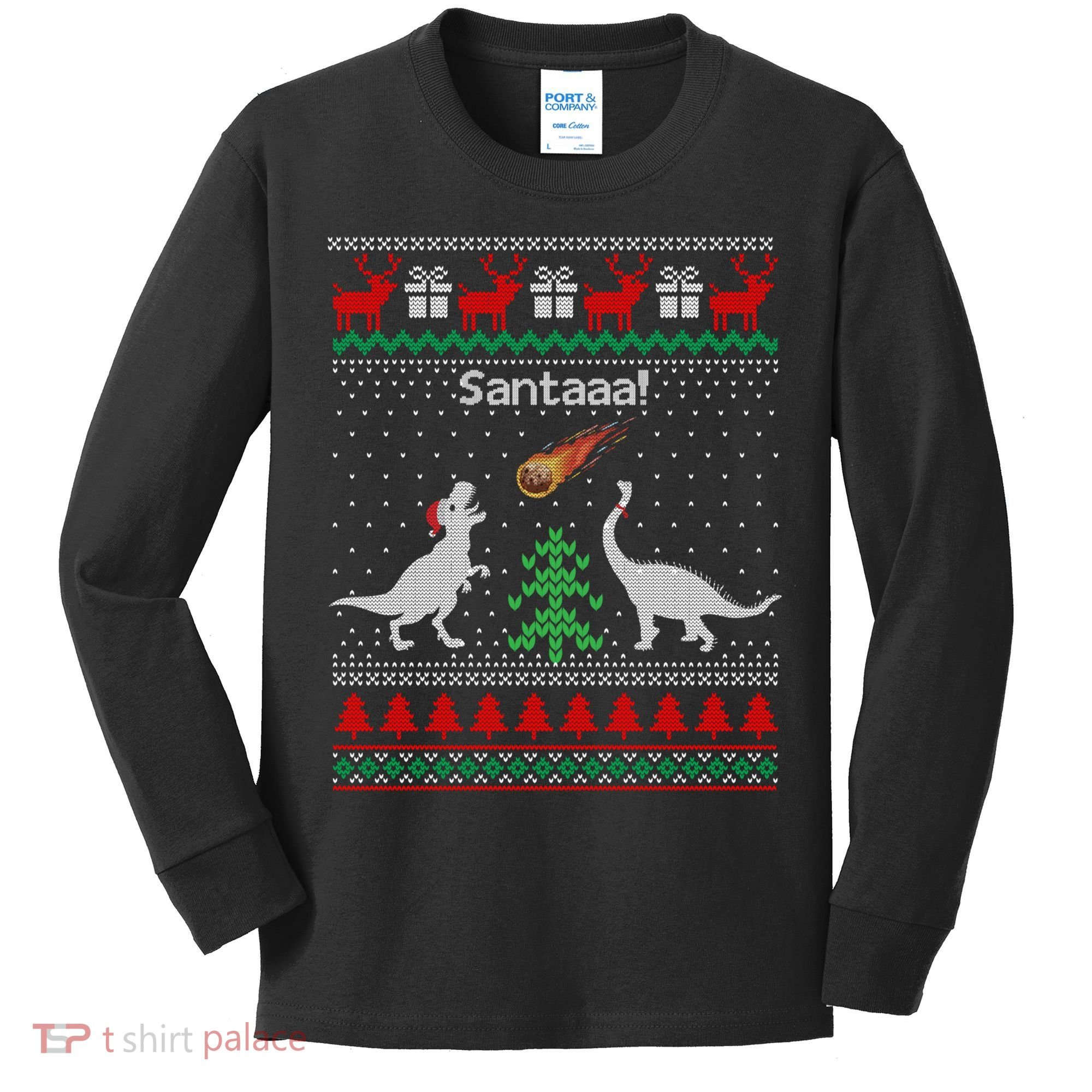 Santa Dinosaur Ugly Christmas Sweater Dinosaur Kids Long Sleeve Shirt