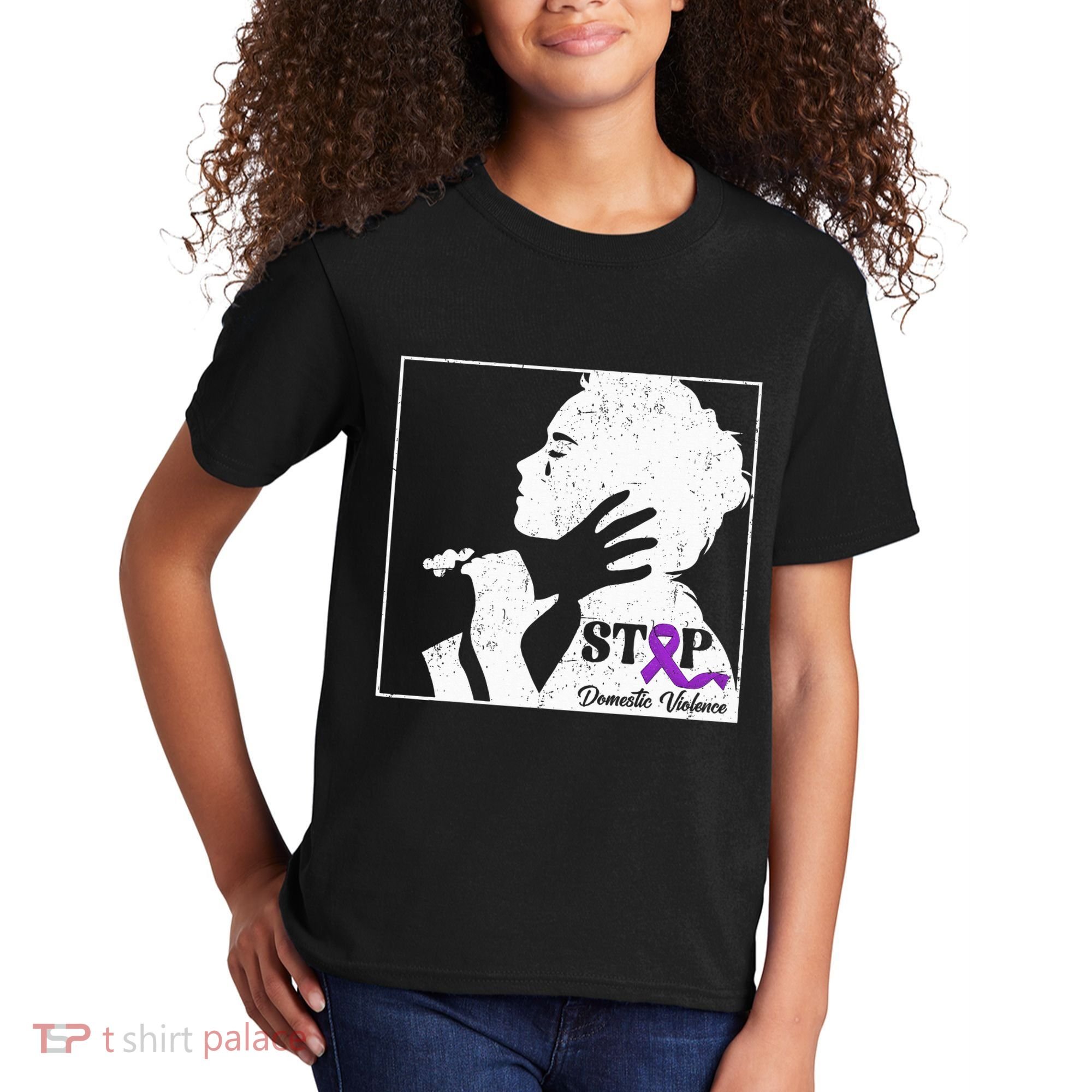 Stop Domestic Violence Awareness Month Purple Ribbon Warrior Kids T-Shirt