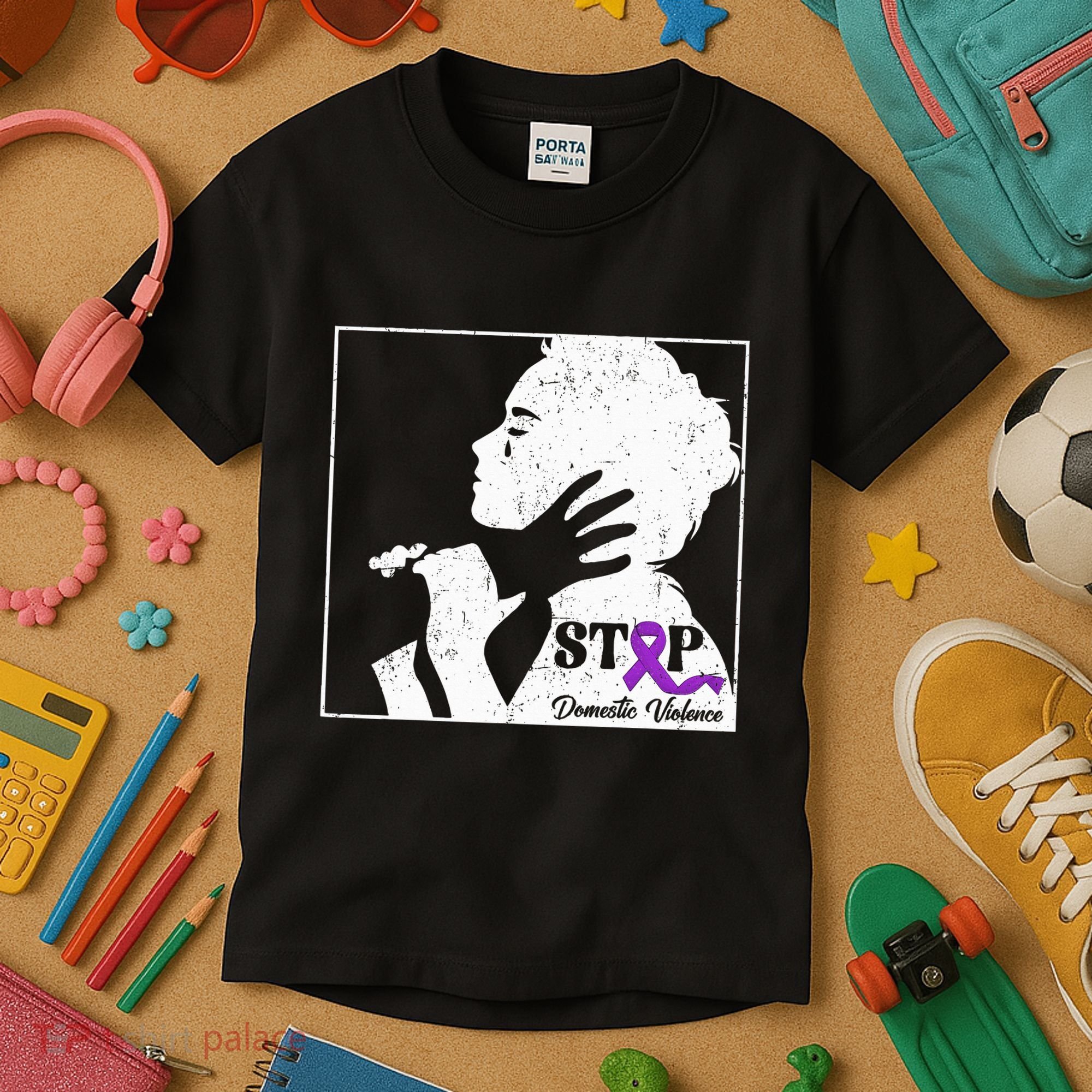 Stop Domestic Violence Awareness Month Purple Ribbon Warrior Kids T-Shirt