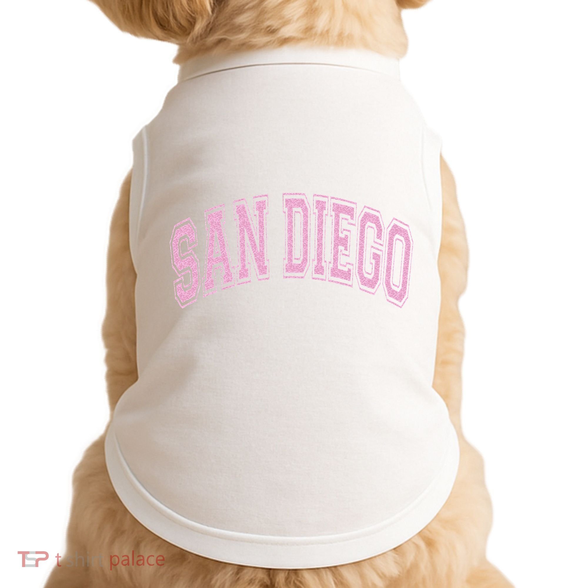 San Diego Varsity Style White With Pink Text Doggie Tank