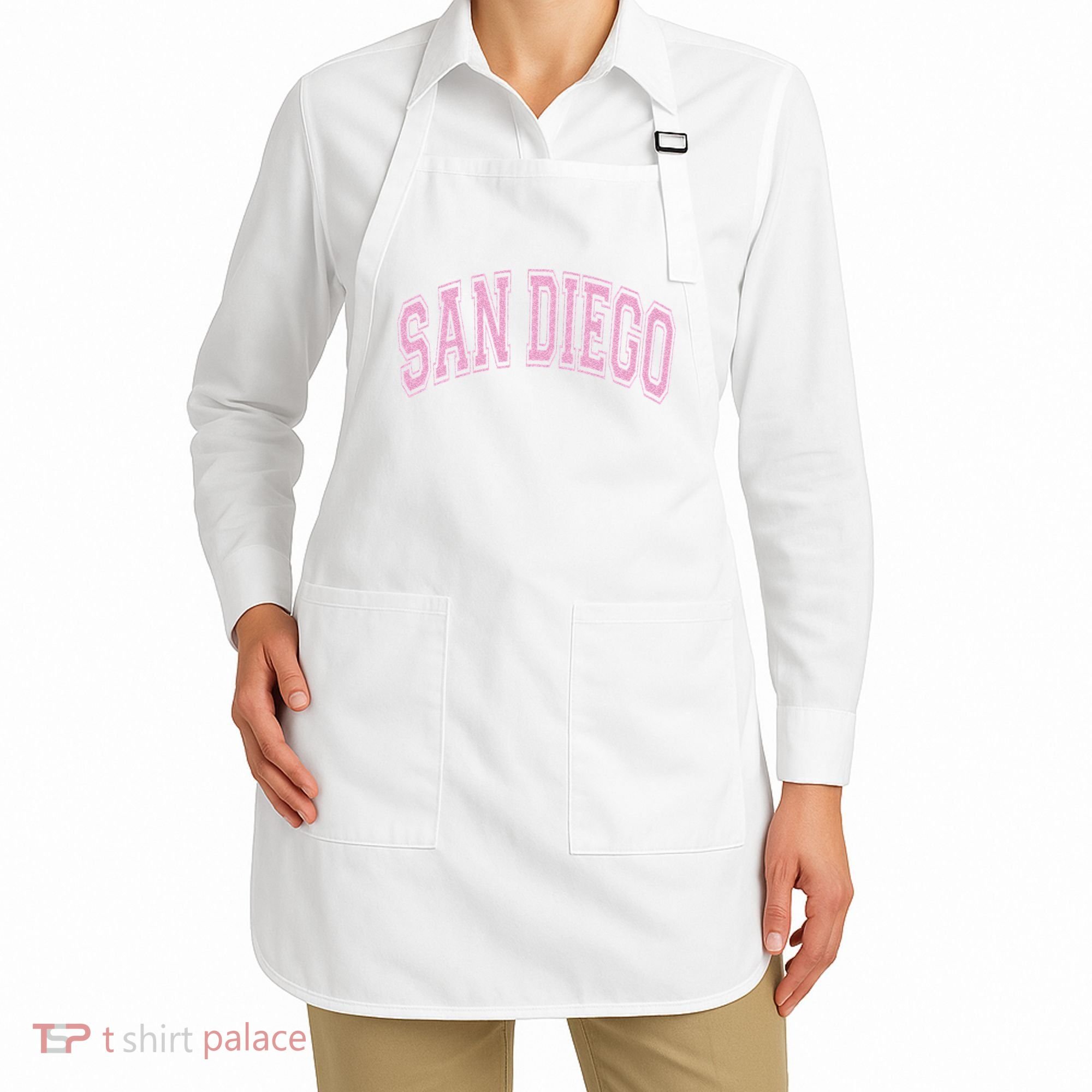 San Diego Varsity Style White With Pink Text Apron