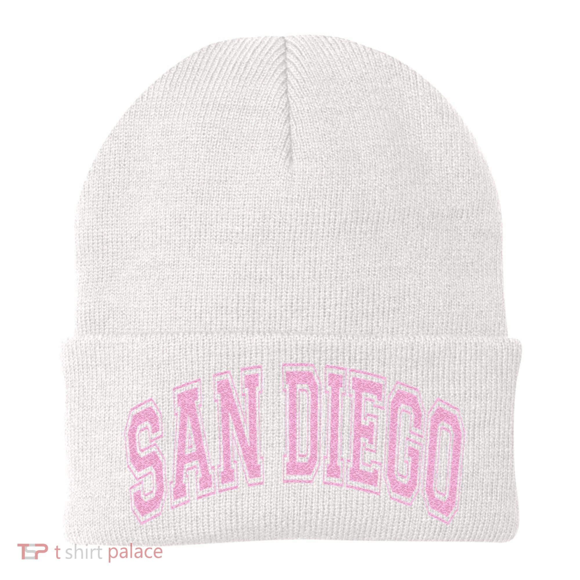San Diego Varsity Style White With Pink Text Beanie