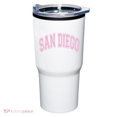 San Diego Varsity Style White With Pink Text Tumbler