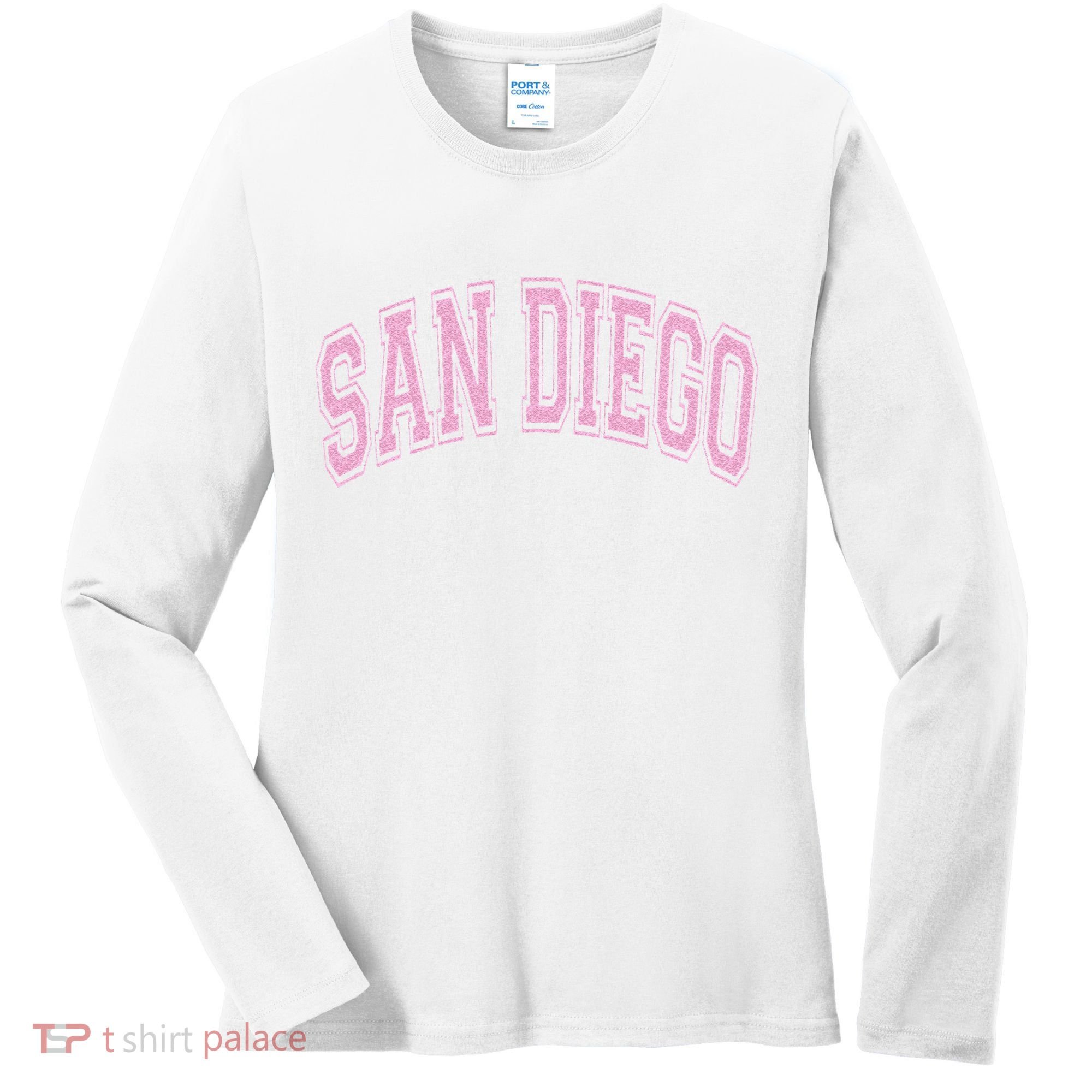 San Diego Varsity Style White With Pink Text Women's Long Sleeve Shirt