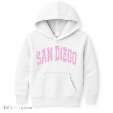 San Diego Varsity Style White With Pink Text Kids Hoodie
