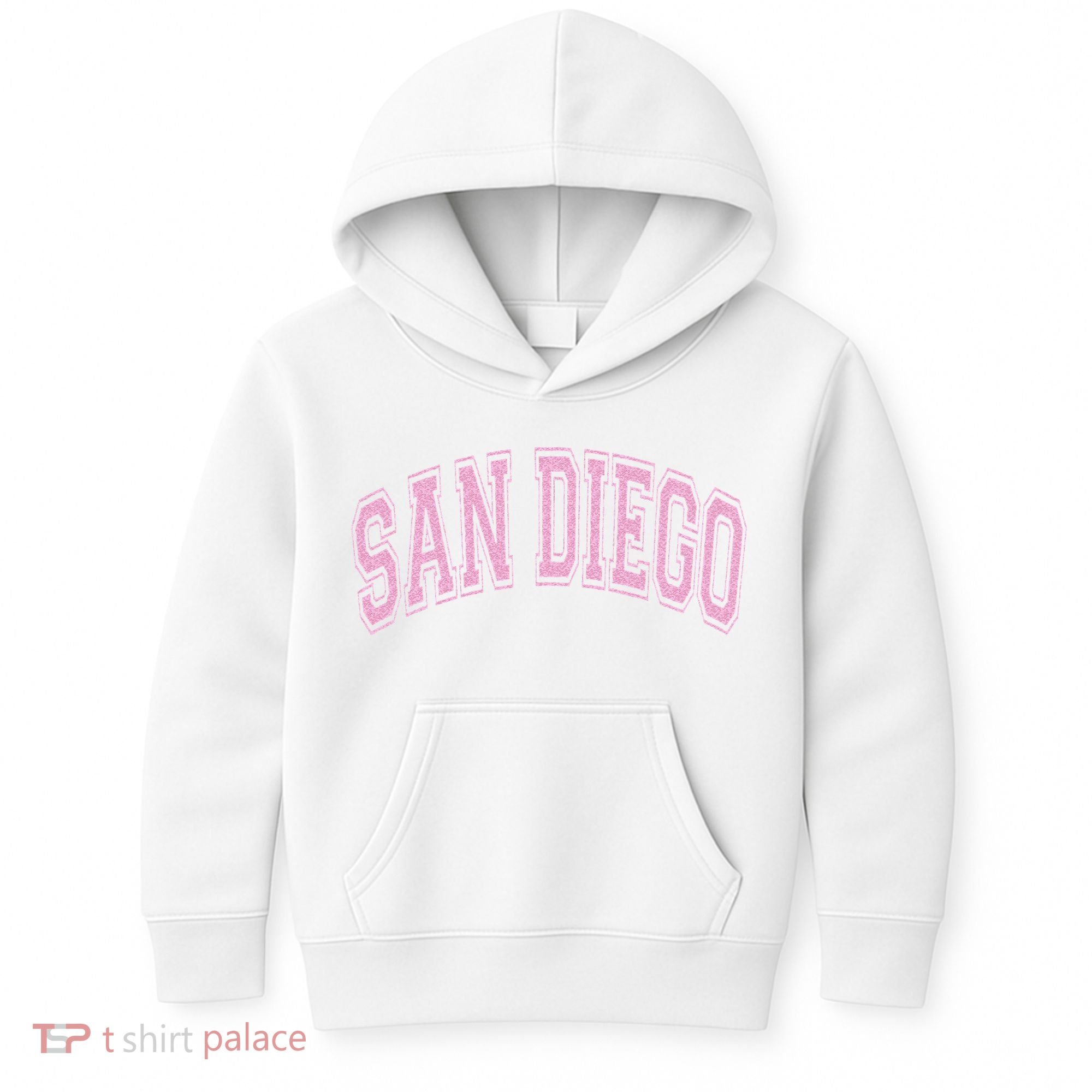 San Diego Varsity Style White With Pink Text Kids Hoodie