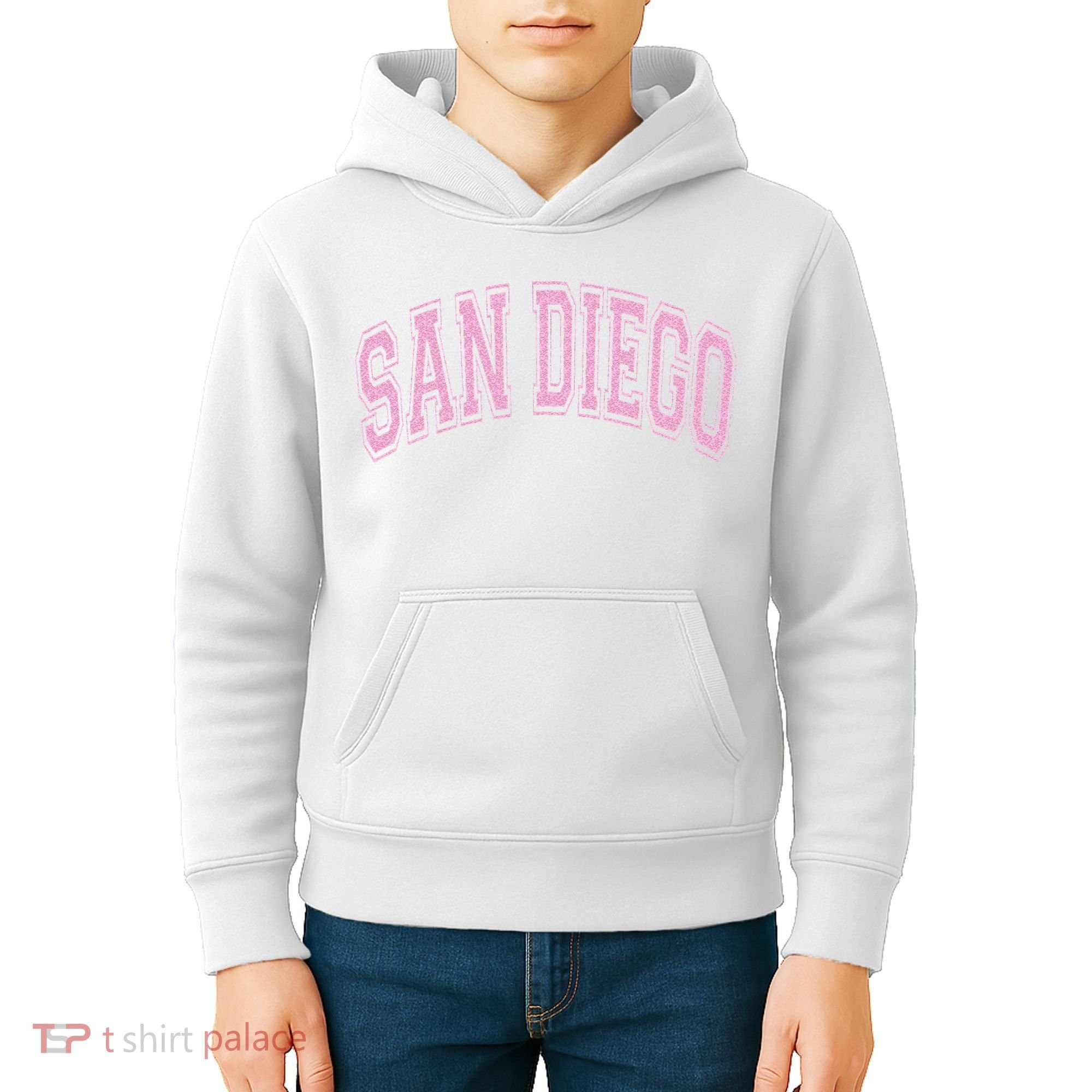 San Diego Varsity Style White With Pink Text Kids Hoodie