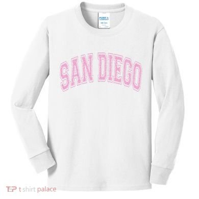 San Diego Varsity Style White With Pink Text Kids Long Sleeve Shirt