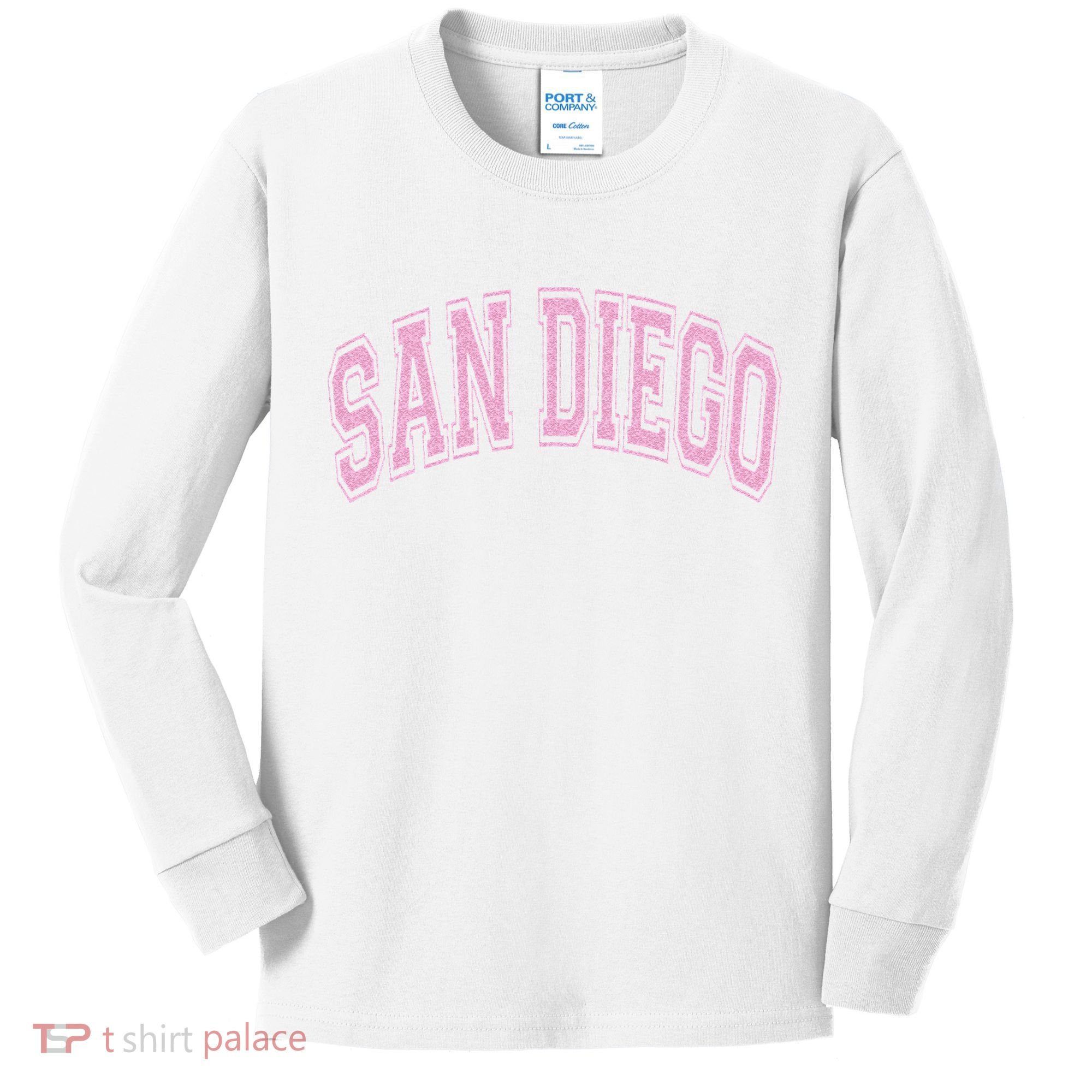San Diego Varsity Style White With Pink Text Kids Long Sleeve Shirt