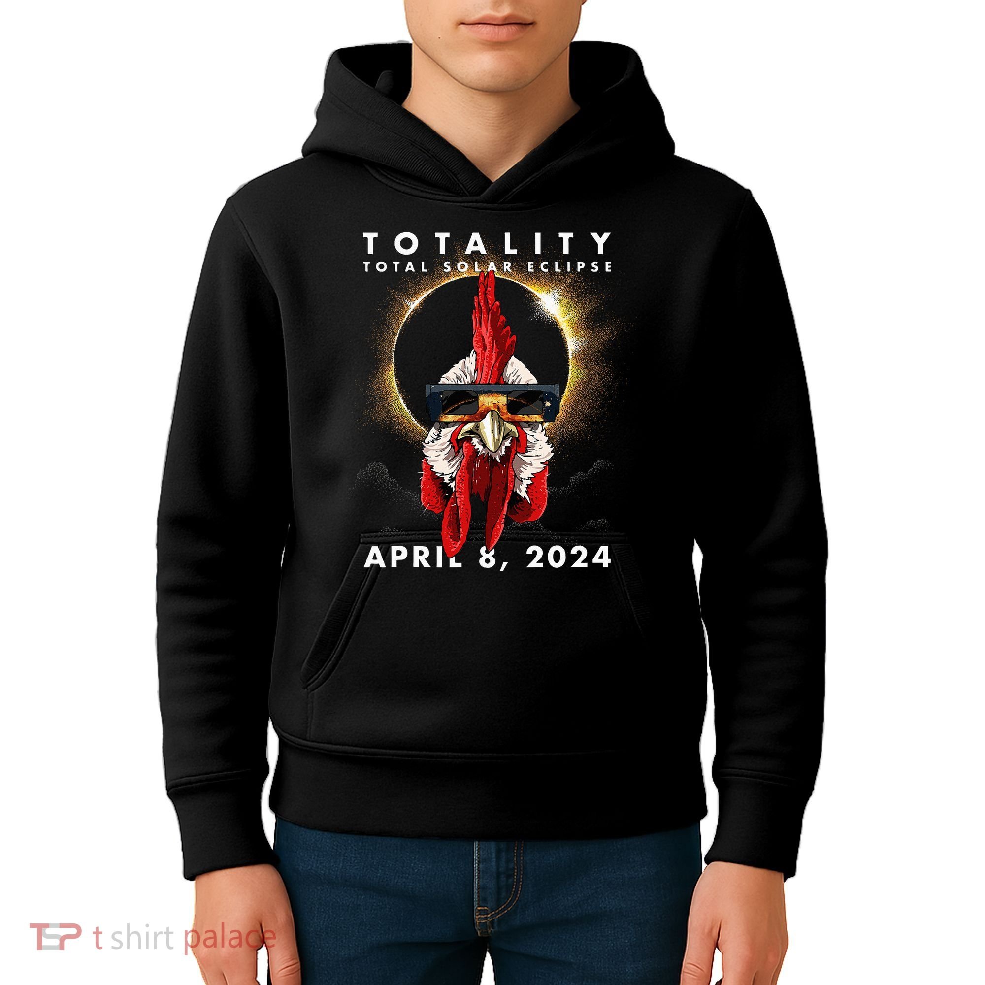 Solar Eclipse 2024 Chicken Rooster Kids Hoodie