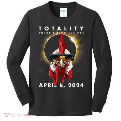 Solar Eclipse 2024 Chicken Rooster Kids Long Sleeve Shirt
