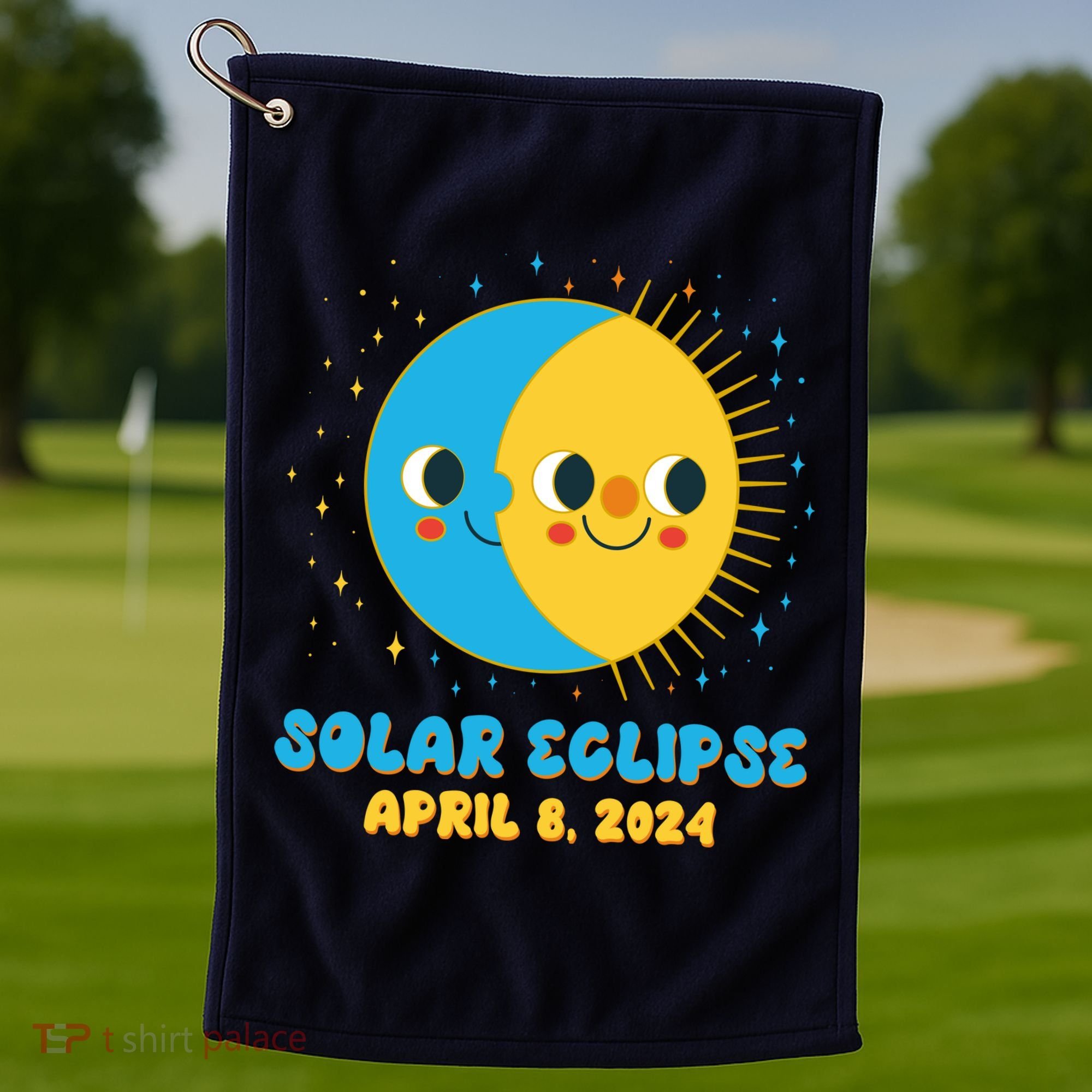 Solar Eclipse April 8 2024 Cute Moon And Sun Golf Towel