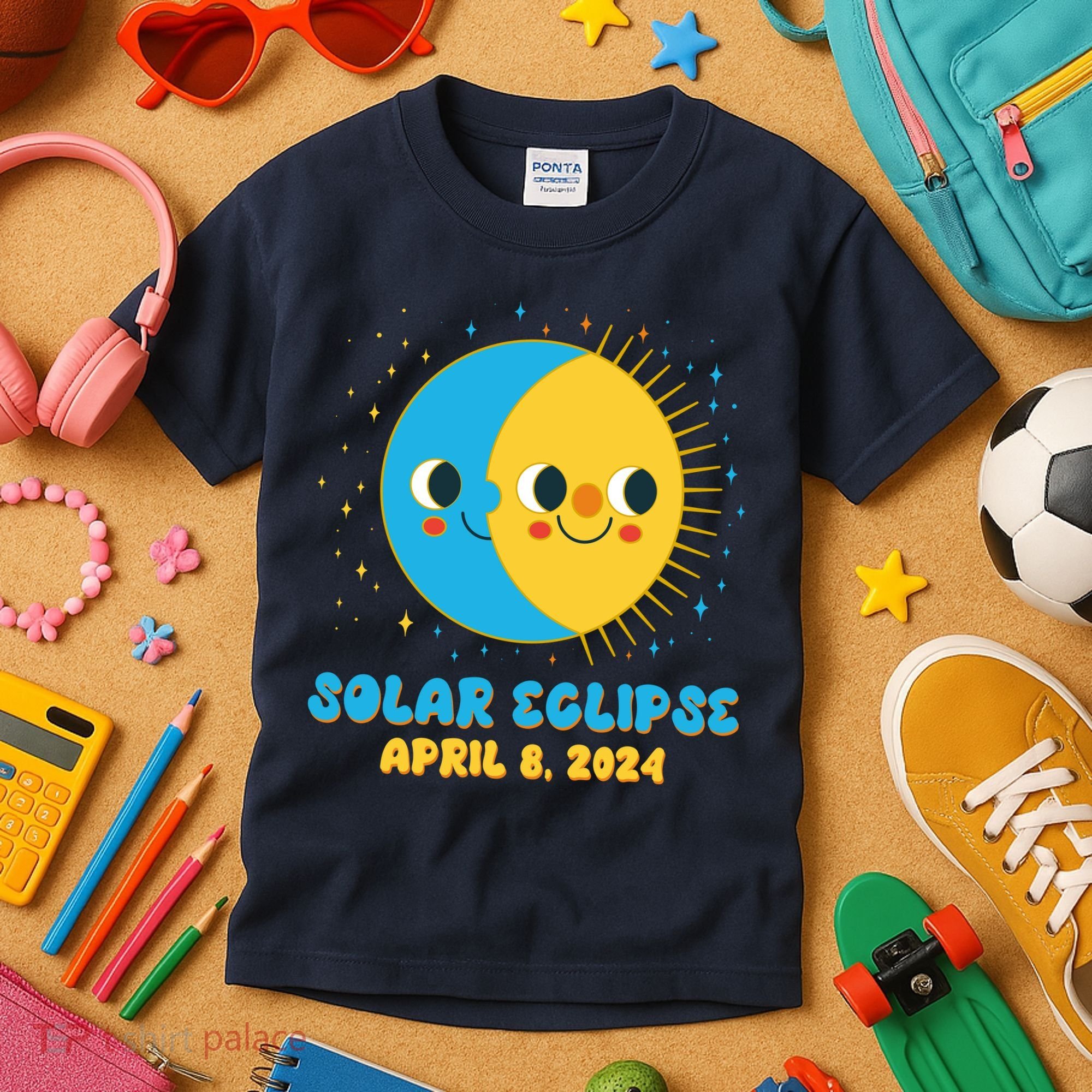 Solar Eclipse April 8 2024 Cute Moon And Sun Kids T-Shirt