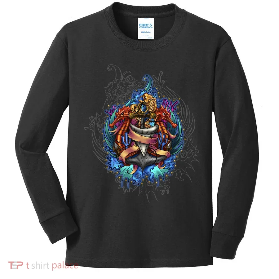 Seahorse Anchor Crest Kids Long Sleeve Shirt