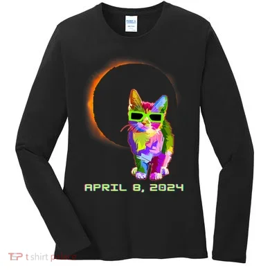 Solar Eclipse Cat Wearing Solar Eclipse Glasses Women's Long Sleeve Shirt