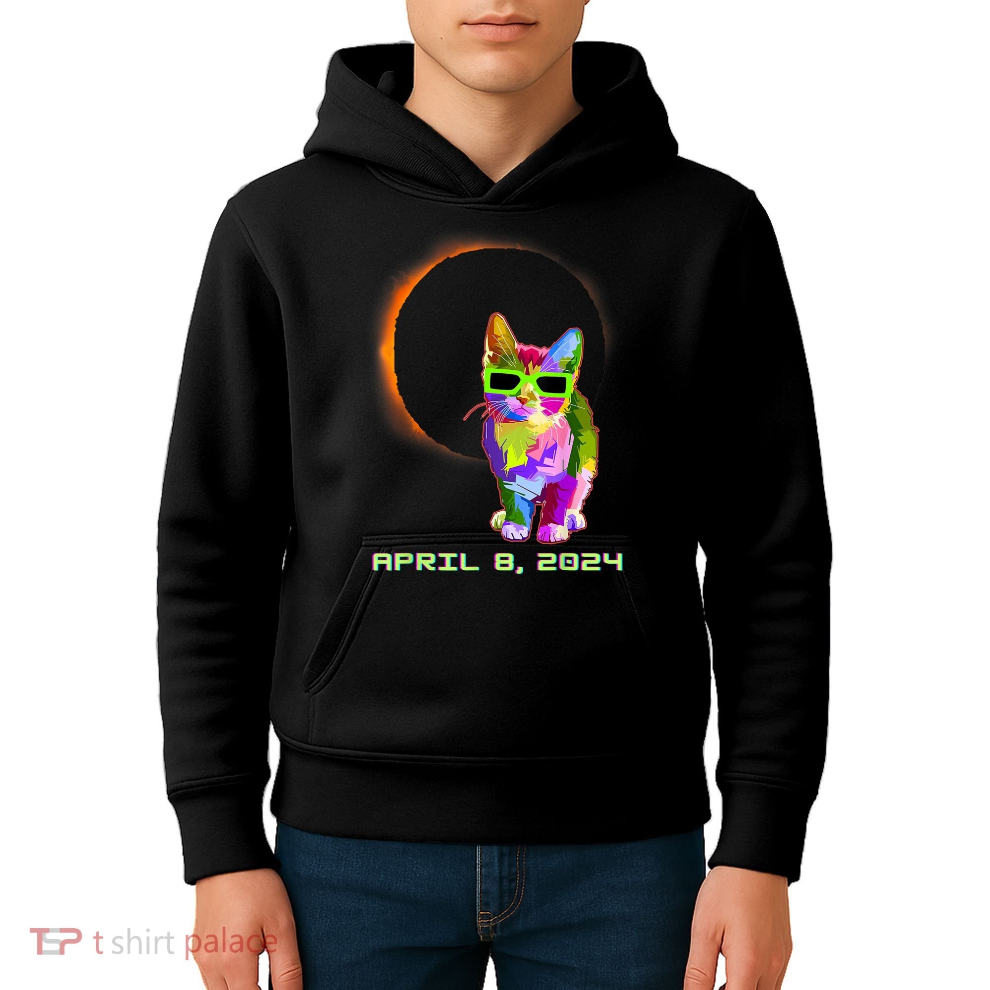 Solar Eclipse Cat Wearing Solar Eclipse Glasses Kids Hoodie