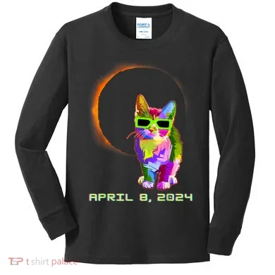 Solar Eclipse Cat Wearing Solar Eclipse Glasses Kids Long Sleeve Shirt