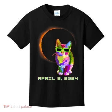 Solar Eclipse Cat Wearing Solar Eclipse Glasses Kids T-Shirt