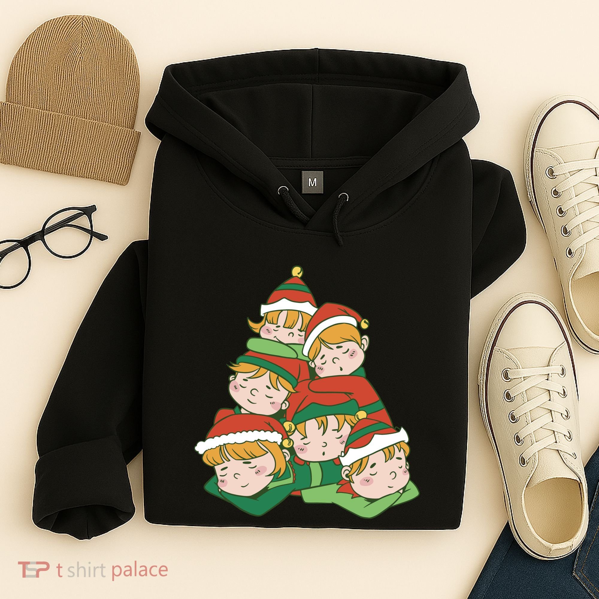 Sleepy Elves Cute Christmas Holiday Hoodie