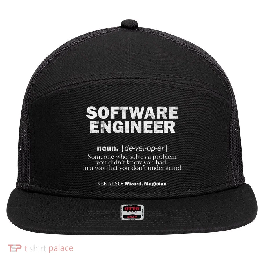 Software Engineer Definition Coder Cute Gift 7 Panel Mesh Trucker Snapback Hat
