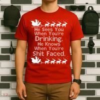 Sees You When You're Drinking Knows When You're Shit Faced Ugly Christmas T-Shirt thumb 6