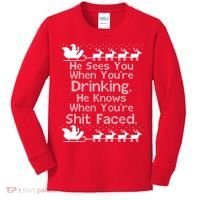 Sees You When You're Drinking Knows When You're Shit Faced Ugly Christmas Kids Long Sleeve Shirt thumb 0