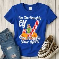 Sexy Elf Here Empty Your Sack Rude Naughty Christmas Candy Funny Gift Women's T-Shirt thumb 3