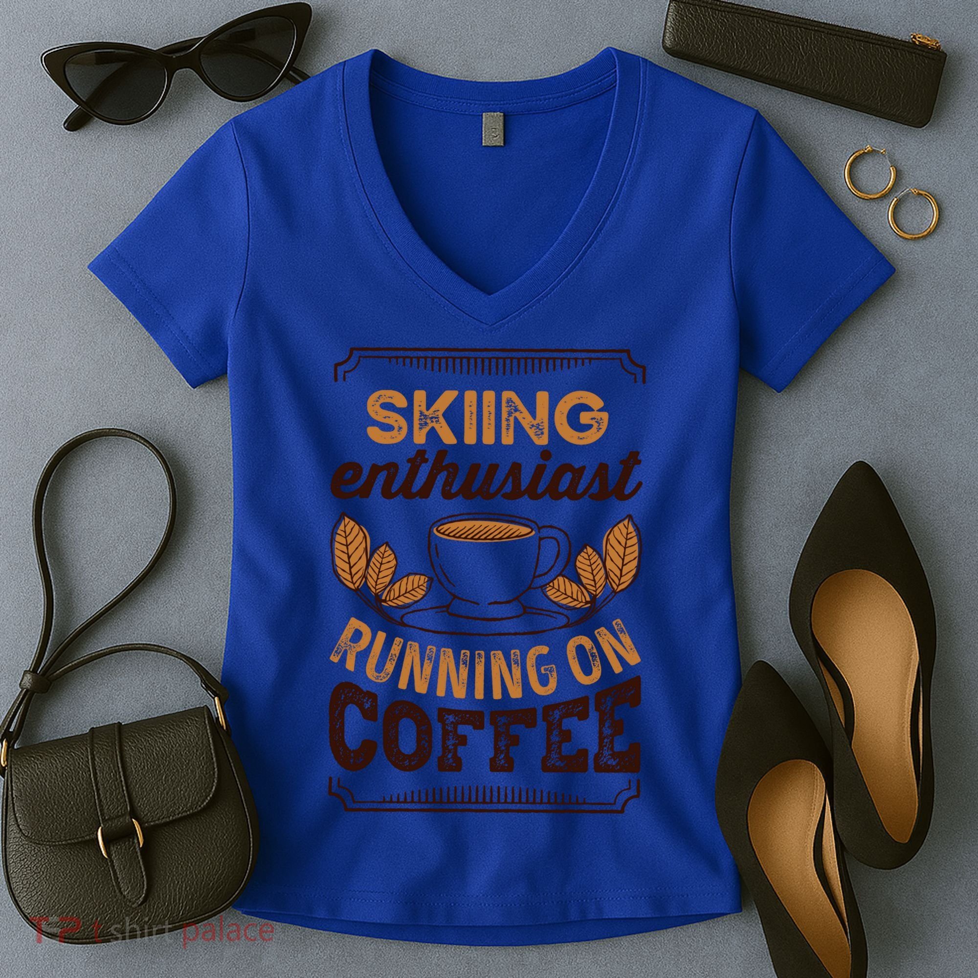 Skiing Enthusiast Running On Coffee Caffeine Lover Cool Gift Women's V-Neck T-Shirt