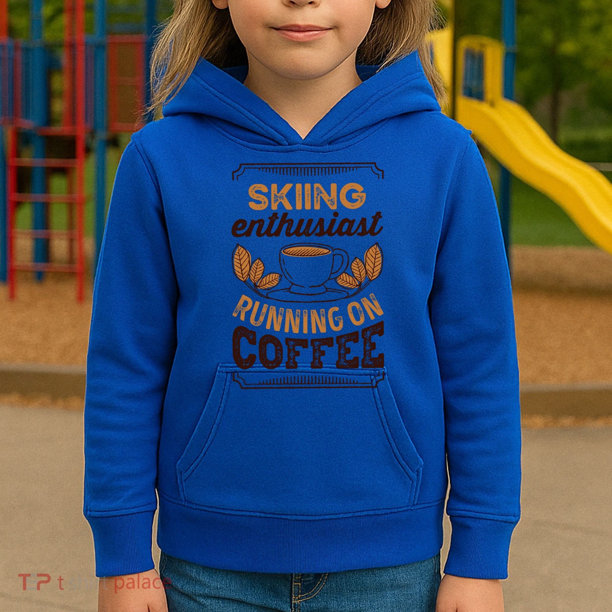 Skiing Enthusiast Running On Coffee Caffeine Lover Cool Gift Kids Hoodie