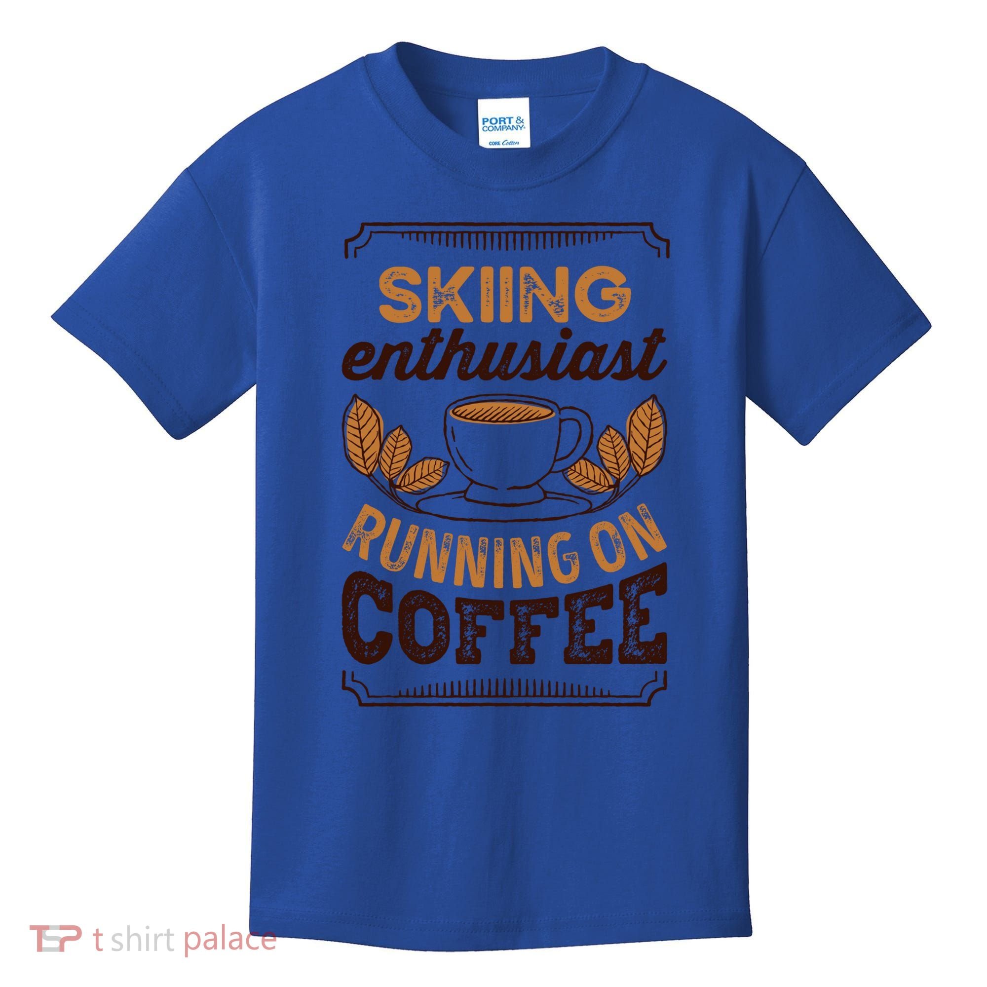Skiing Enthusiast Running On Coffee Caffeine Lover Cool Gift Kids T-Shirt