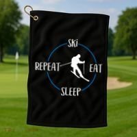 Ski Eat Sleep Repeat Gift For Skiers And Downhill Skiers Great Gift Golf Towel thumb 1
