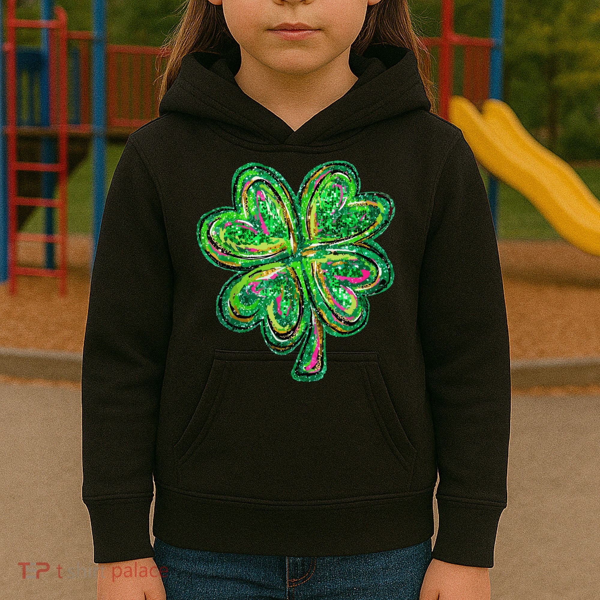 Shamrock Effect St Patricks Day Four Leaf Clover Kids Hoodie