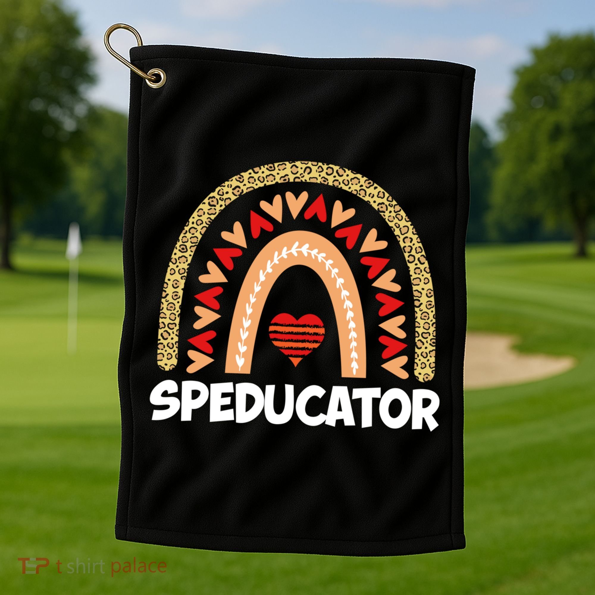 Special Ed Teacher Speducator Leopard Boho Rainbows Hearts Gift Golf Towel