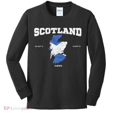Scottish Flag And Map Scotland Coordinates Kids Long Sleeve Shirt