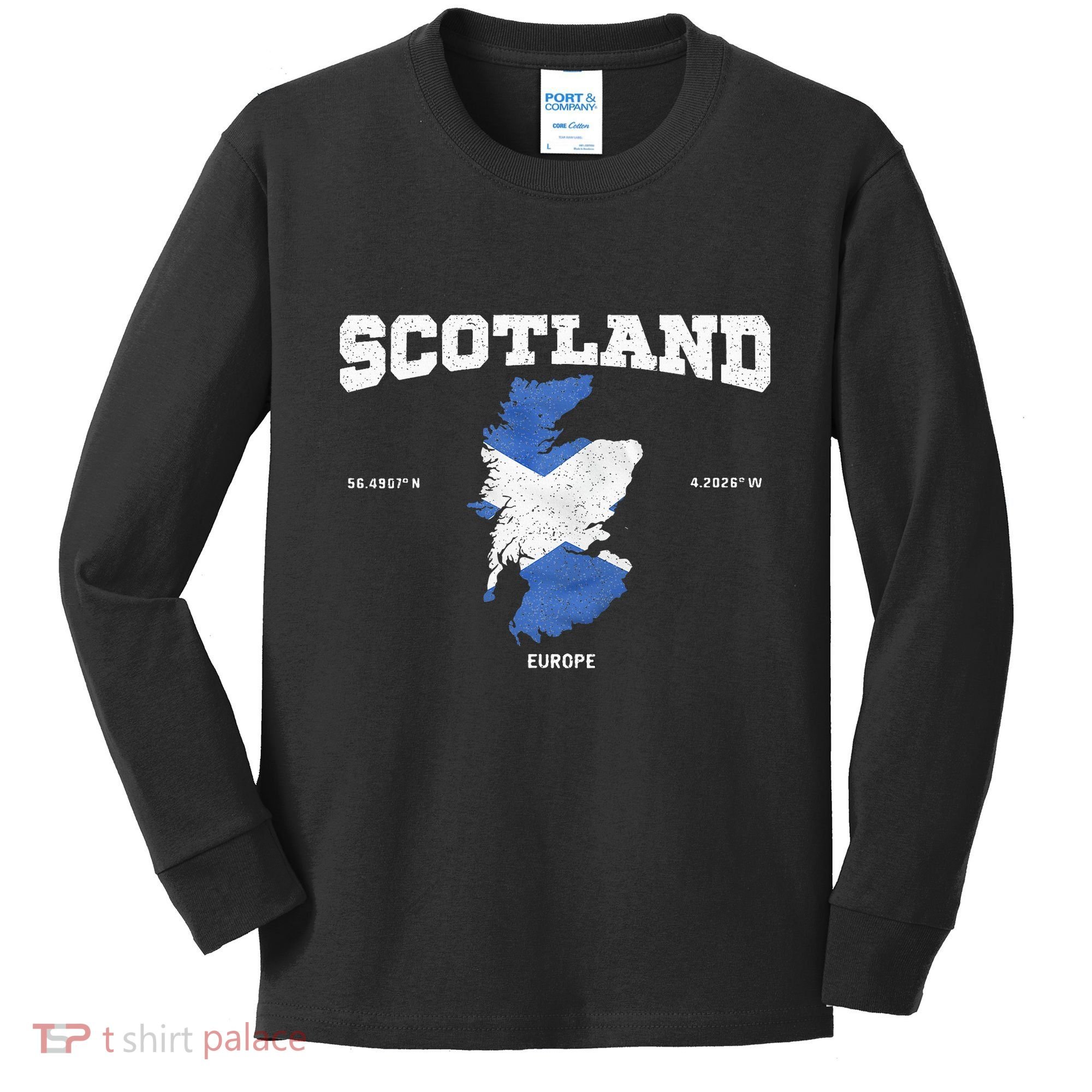 Scottish Flag And Map Scotland Coordinates Kids Long Sleeve Shirt